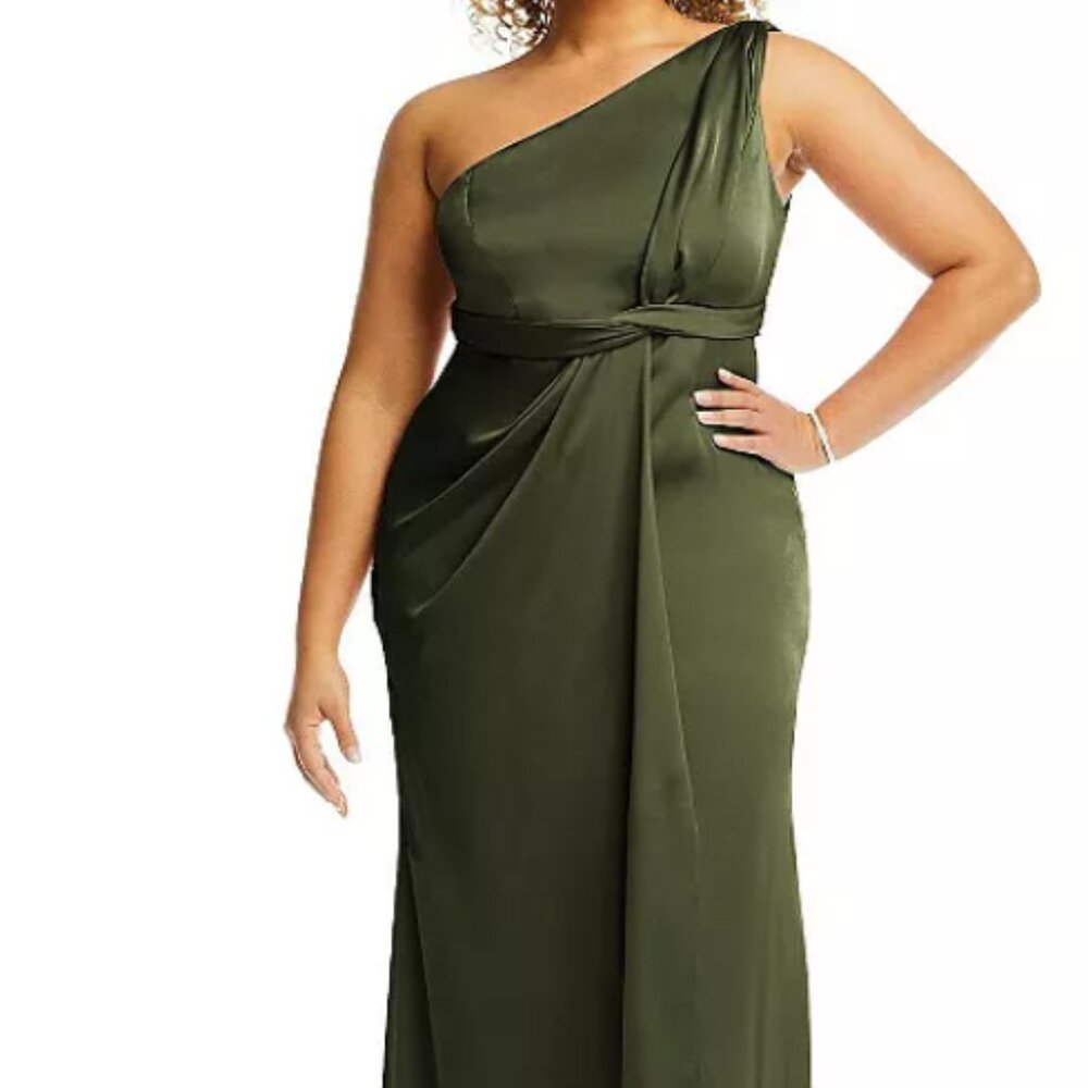 Dessy Collection One-Shoulder Draped Twist Empire Waist Trumpet Gown in Olive